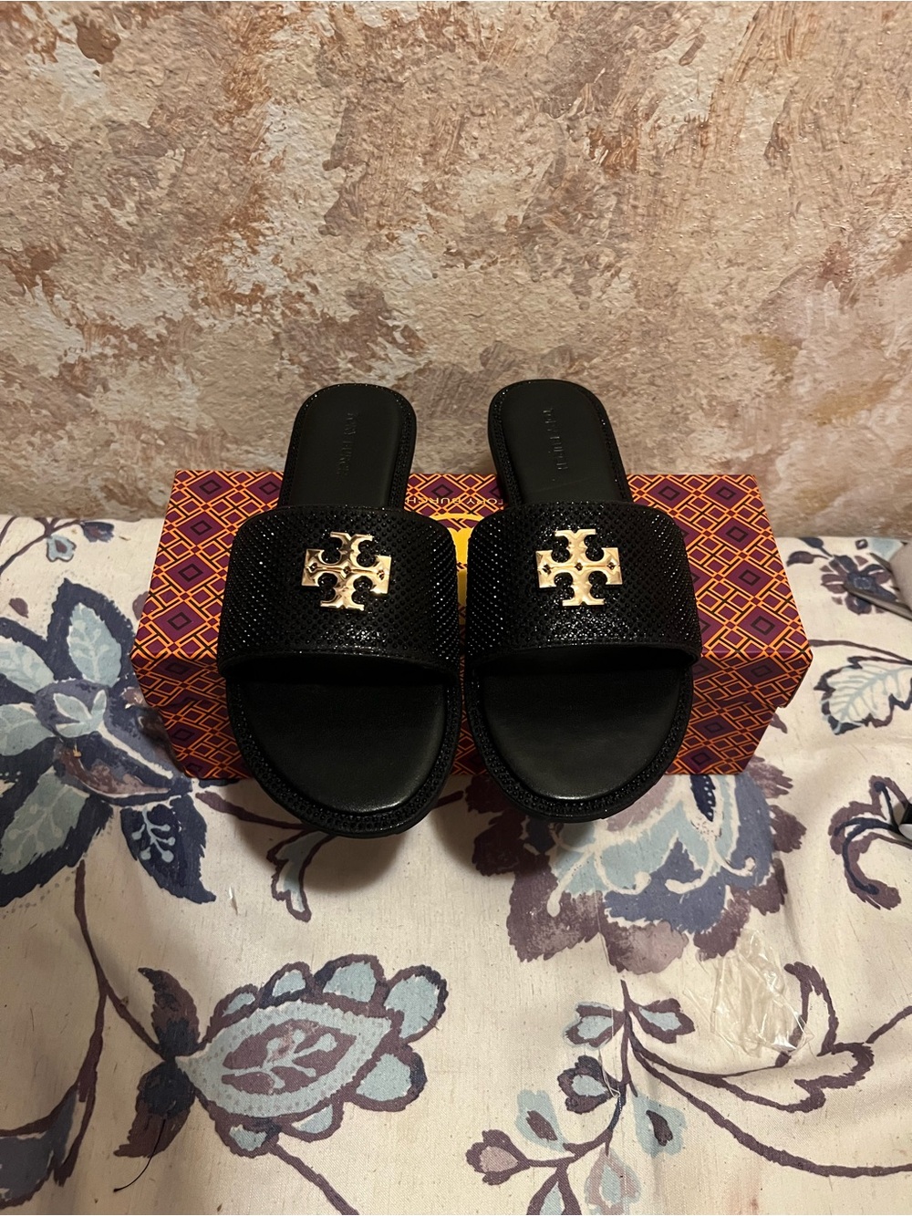 Tory Burch Black Slides with Gold Logo Accent - Picture 2 of 3